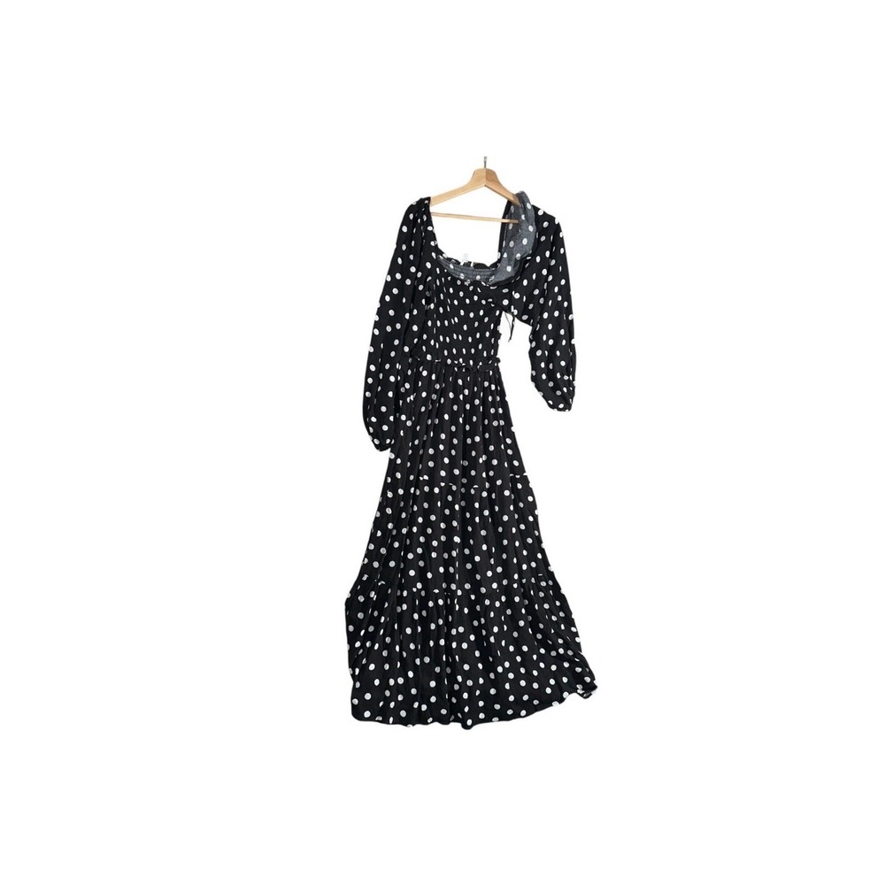 Popshop Fit and Flare Dress Women Sz 0-2 Black Polka Dots Smocked Long Sleeve
